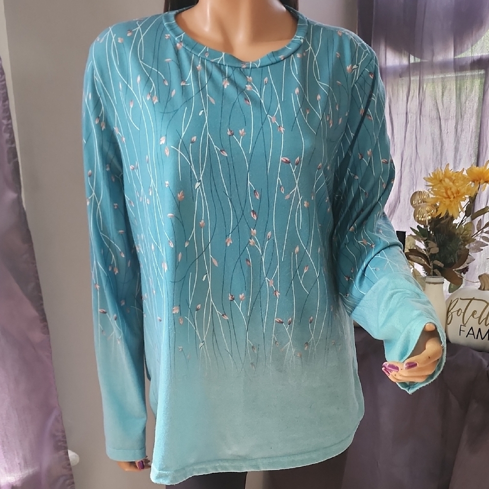 Blue Floral Women's Long Sleeve Top Size M